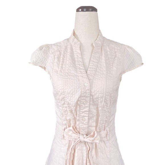 H&M Pale Pink Seersucker Cap Sleeve Pin Tuck Front Belted Shirt Dress Size Small - Picture 2 of 7